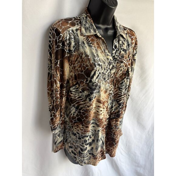 Emily Daniels Leopard Print Silver Button Down Top Size M 90s Mob Wife Sexy Hot - Picture 2 of 8